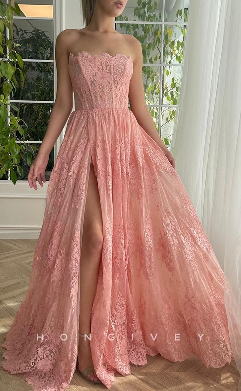 Sexy Satin A-Line Strapless Sleeveless Appliques Side Slit Party Gown