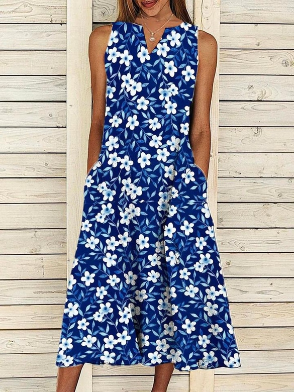 Floral V-Neck Sleeveless A-Line Dresses with Pockets