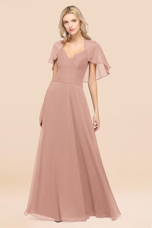 Chic Satin V-Neck Long Burgundy Chiffon Flutter Sleeve Bridesmaid Dresses