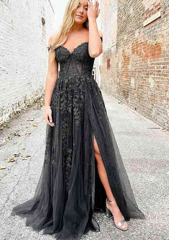 Beautiful A-Line V-Neck Spaghetti Straps Laced Split Prom Dress