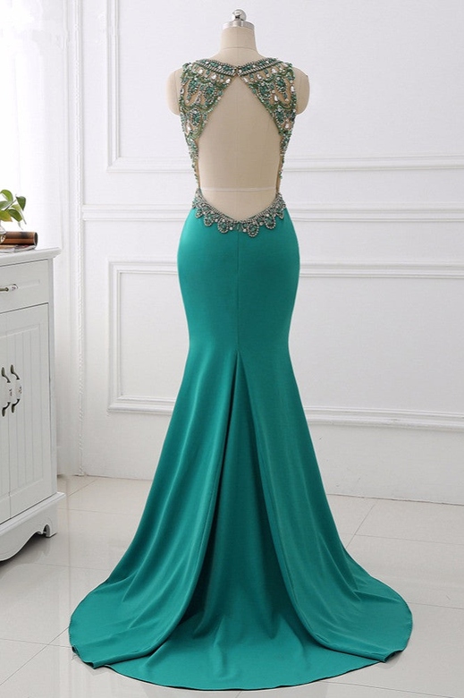 Sexy V-Neck Appliques Sleeveless Crystals Mermaid Prom Dress