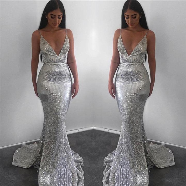 Silver Sequins Spaghetti-Straps Sleeveless Mermaid Prom Dress