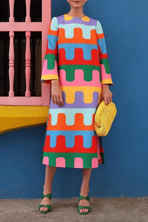 Sweet Cute Geometric Contrast O-Neck A-Line Dresses