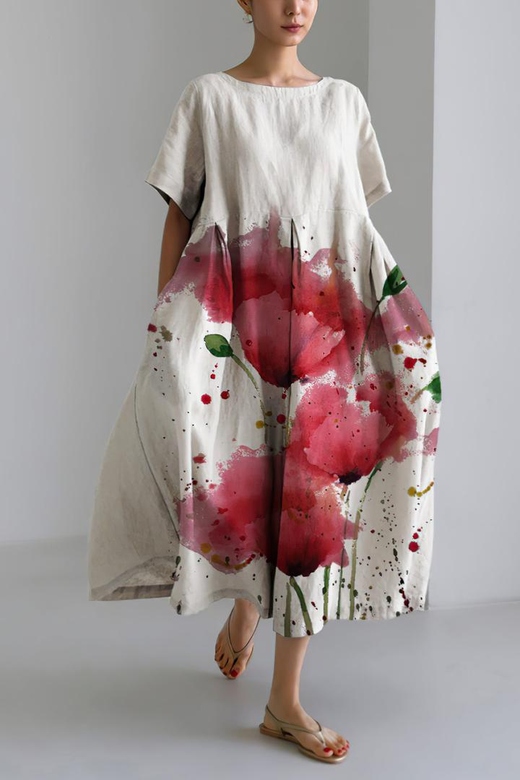 Simple Asian Style Floral Long Dress for Traditional Charm