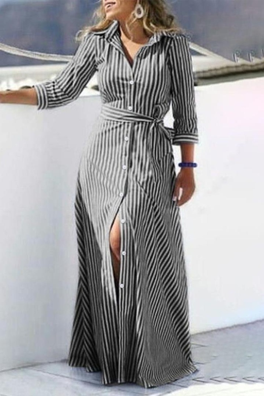 Striped Print Buckle Belted Turndown Collar Dresses