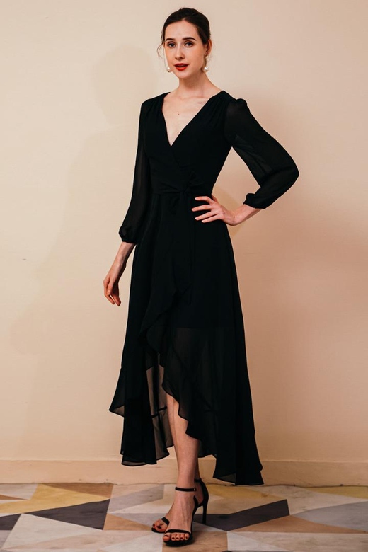 Black Long Sleeves High Low Chiffon Evening Dress