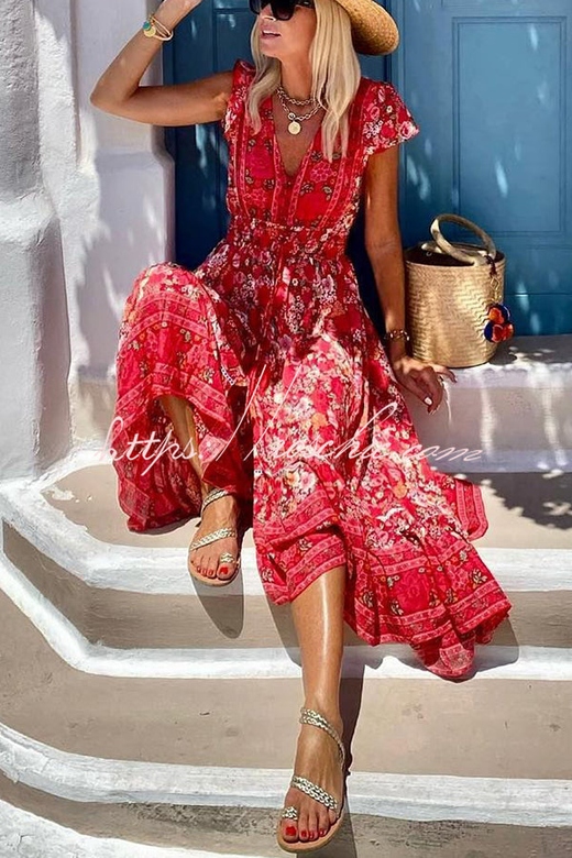 Summer in Greece Boho Print Ruffle Sleeve High-low Midi