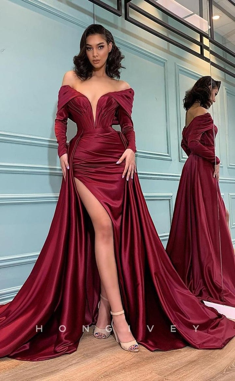 Couture Plunging Illusion Sleeves with Train and Slit Party Dress