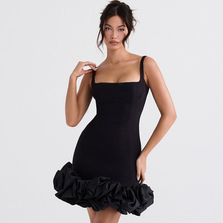 Sexy Ruffle Hem Square Neck Sleeveless Bodycon Party Mini Dress in Black