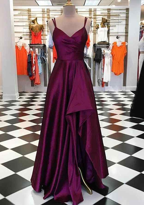 A-Line V-Neck Satin Spaghetti Straps Pleated Split Floor-Length Prom Dress