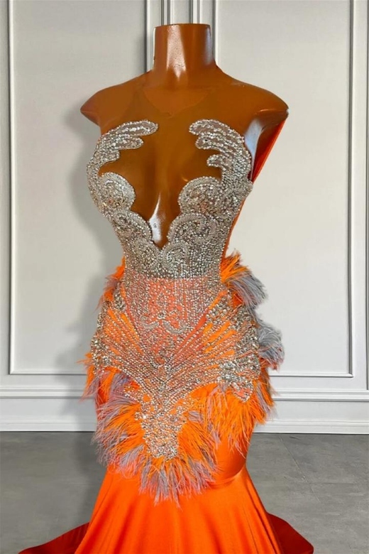 Beautiful Orange Sleeveless Illusion Mermaid Prom with Feathers