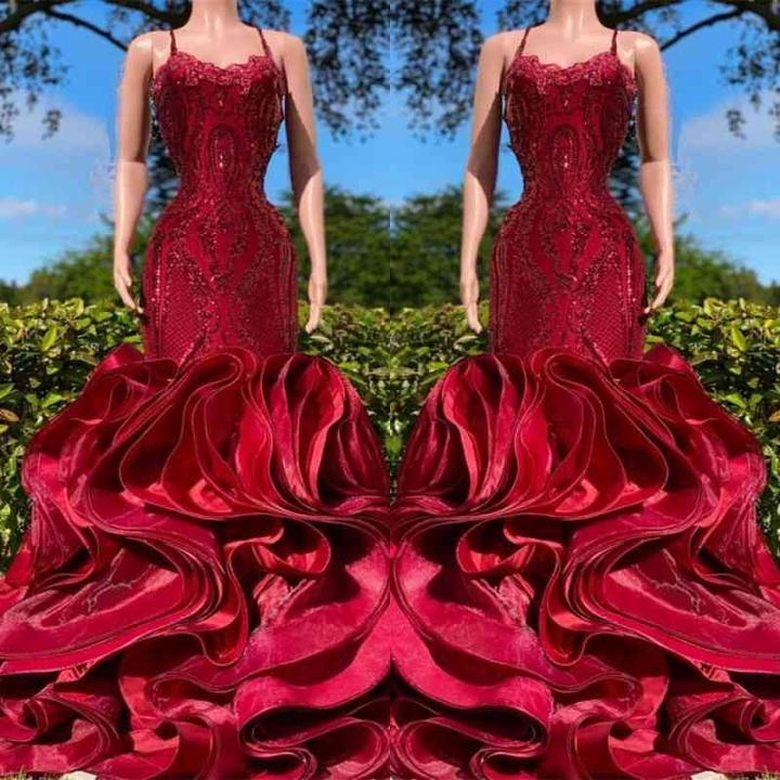 Spaghetti-Straps Burgundy Sequins Ruffles Mermaid Prom Dress