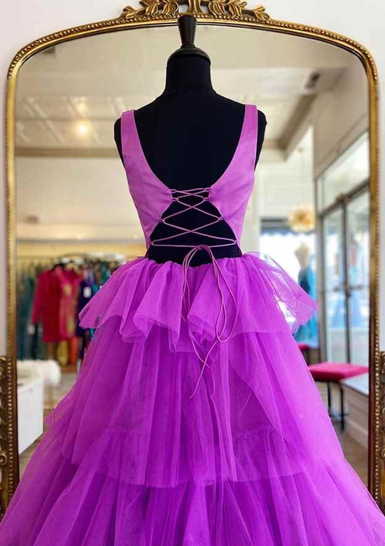 Long A-Line Scoop Neck Ruffles Tulle Prom Dress