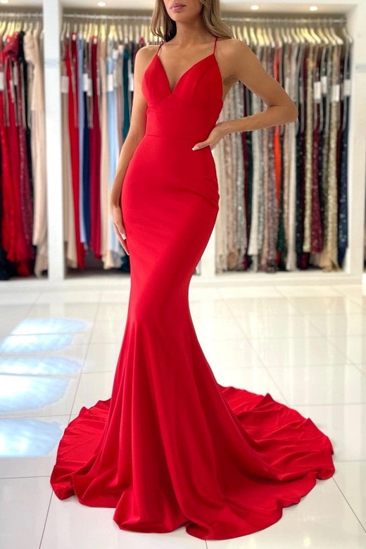 Red Spaghetti-Straps Sleeveless Mermaid Prom Dress