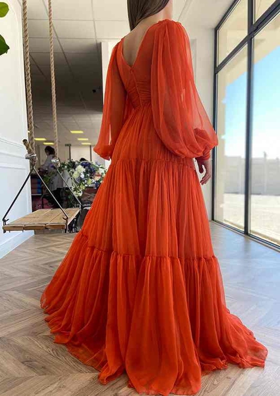 A-Line V-Neck Chiffon Pleated Floor-Length Full/Long Sleeve Prom Dress