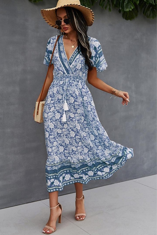 V-Neck Tie Bohemian Dress for Free-Spirited Look