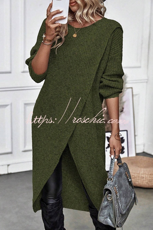 Essence Solid Wrap Hem Knitted Long Sleeve Midi