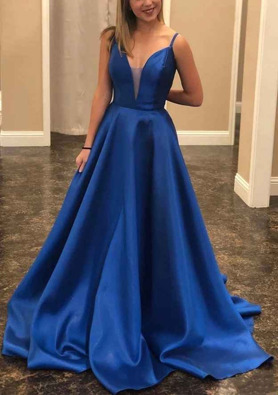 A-Line V-Neck Satin Spaghetti Straps Prom Dress