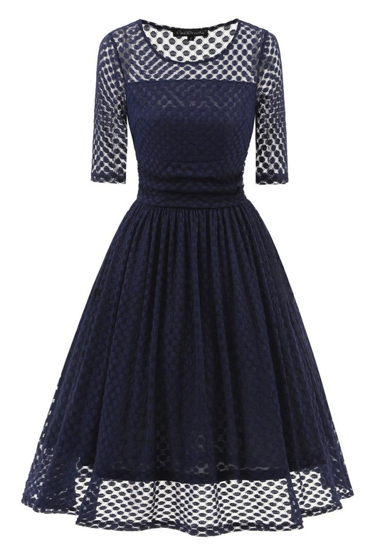 Dark Navy A-Line Lace Prom Dress with Stylish Sleeves