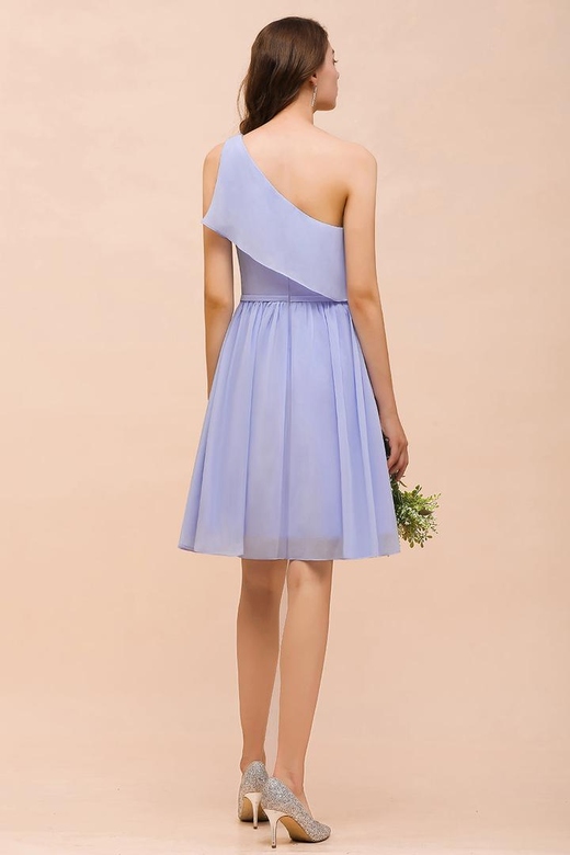 Affordable One Shoulder Ruffle Lavender Chiffon Short Bridesmaid Gowns