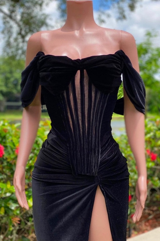 Off-the-Shoulder Black Velvet Slit Mermaid Prom Dress