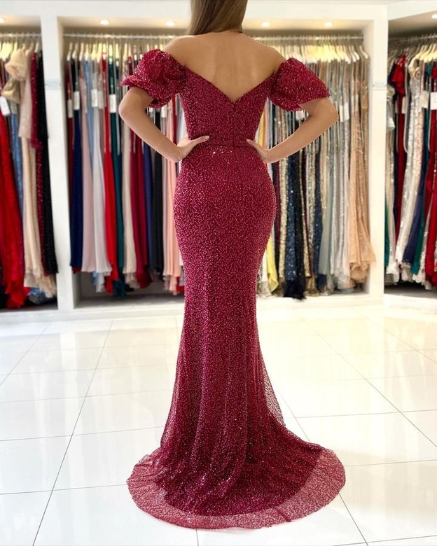 Off-the-Shoulder Bubble Sleeves Burgundy Prom Dress with Sequins and Slit