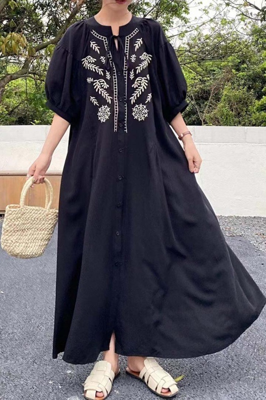 Embroidered Single-Breasted Bell-Sleeve Maxi Dress