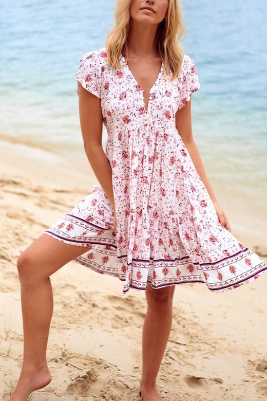 Floral Print V-Neck Ruffles Beach Dress for Tropical Vibes