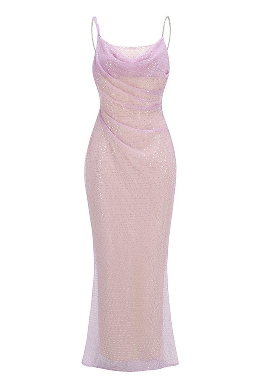 Fairytale Cowl Neck Crystal Strap Sequin Mesh Mermaid Evening Gown