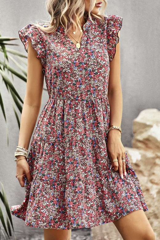 Ruffle Shoulder Floral Print Mini Dress