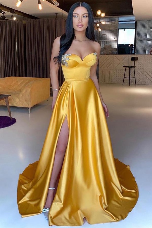 Yellow Sweetheart Crystal Slit Long Prom Dress