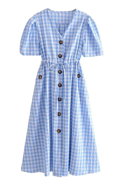 Light Sky Blue Plaid Buttoned Dress for Timeless Beauty