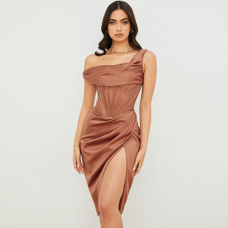 Sexy Cowl Neck One-Shoulder Corset Satin Cocktail Midi Dress in Khaki