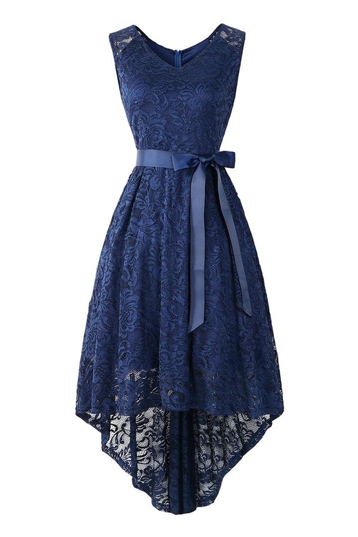 Dark Navy Knot Front High Low Lace Prom Dress for Elegance