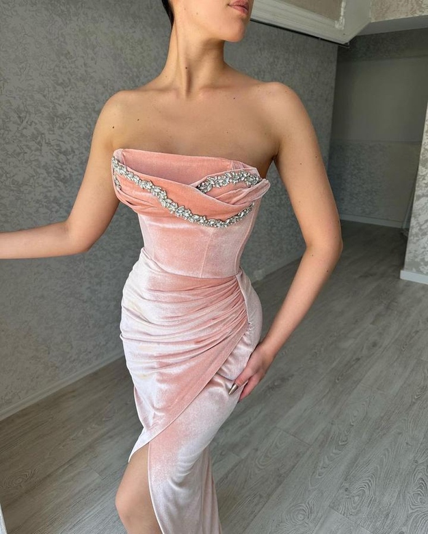 Elegant Sleeveless Crystals Long Slit Mermaid Prom Dresses