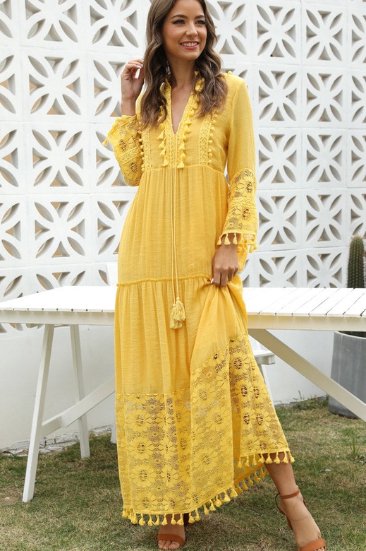 Women's Casual Yellow V-Neck Long Sleeve Dress for Relaxed Elegance