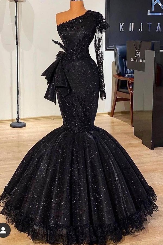 Long Sleeves Black Sequins Mermaid Prom Dress