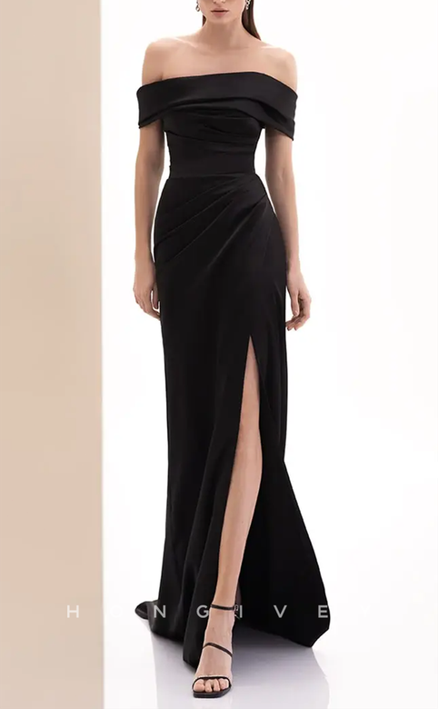 Sexy Satin Off-Shoulder Empire Side Slit Train Party Prom Evening Dress