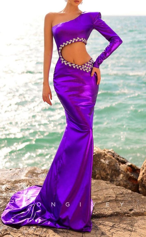 Sexy Fitted One Shoulder Illusion With Train Party Prom Evening Gown