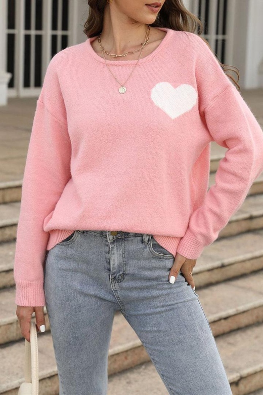 Pink Knitted Sweater with Heart Pattern for Sweet Elegance