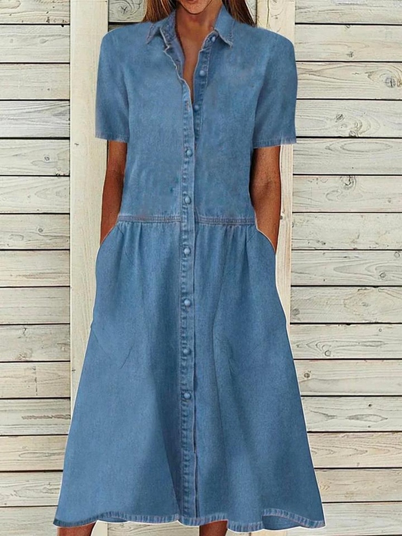 Solid Casual Denim Lapel Short Sleeve Woven Dress for Ease