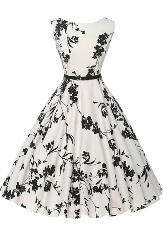 Vintage Round Neck Belted Hepburn Printed Dress for Chic Look