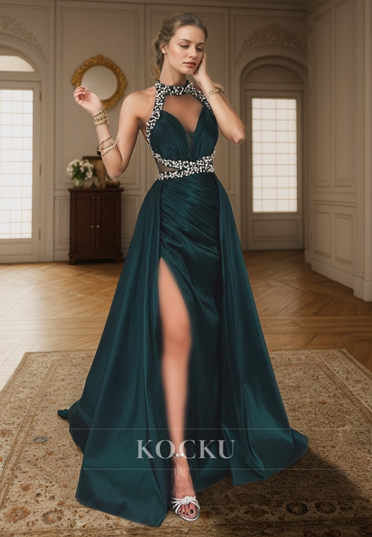 Elegant & Luxurious V-Neck Rhinestone Halter A-Line Backless Satin Gown