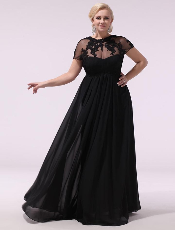 Gorgeous Black Plus Size Chiffon Lace Applique Illusion Evening Dress