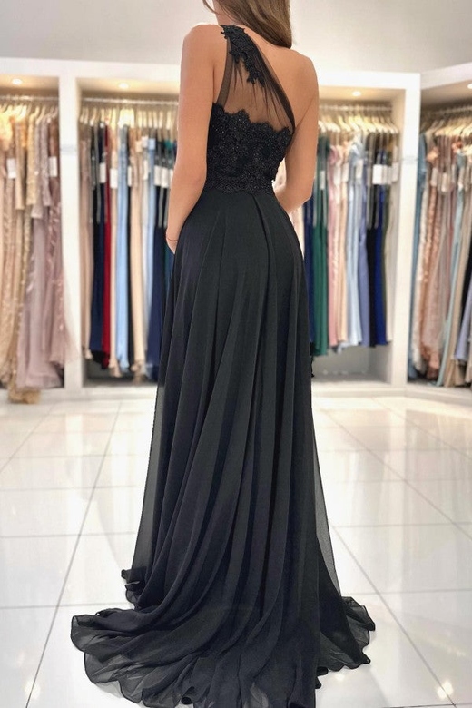 One Shoulder Black A-Line Lace Prom Dress for Elegant Occasions