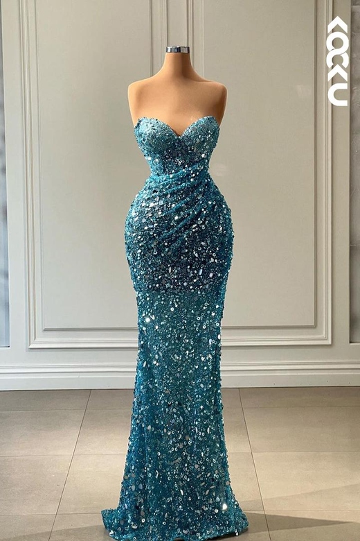 Glamorous & Dramatic Sequins Mermaid V-Neck Sleeveless Ruched Evening Dress