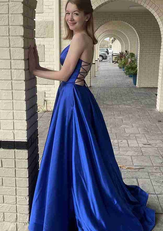 A-Line V-Neck Spaghetti Straps Charmeuse Prom Dress with Pockets and Sweep Train