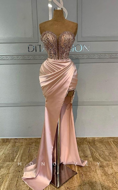 Sexy Glitter Sweetheart Strapless Satin Draped Beaded Gown