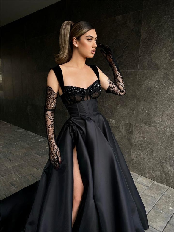 Elegant Long Black Lace Sleeveless Prom Dress with Long Slit Online