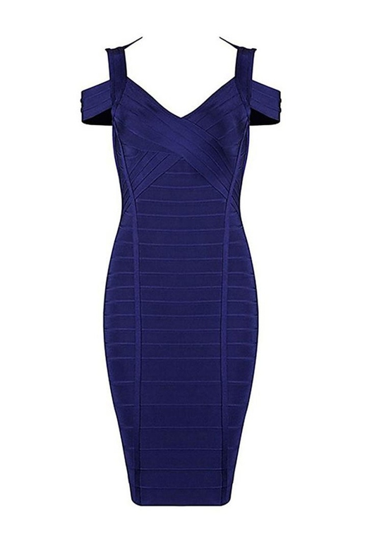 Dark Navy Off-the-Shoulder V-Neck Bandage Dress for Chic Nights